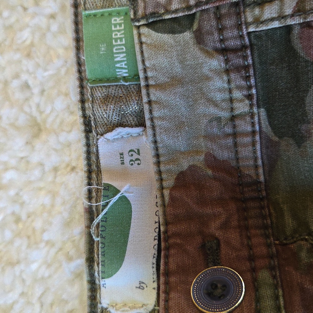 Anthropologie Green and Brown Camouflage Pants With Tribal Embroidery, Size 32 - Picture 2 of 11